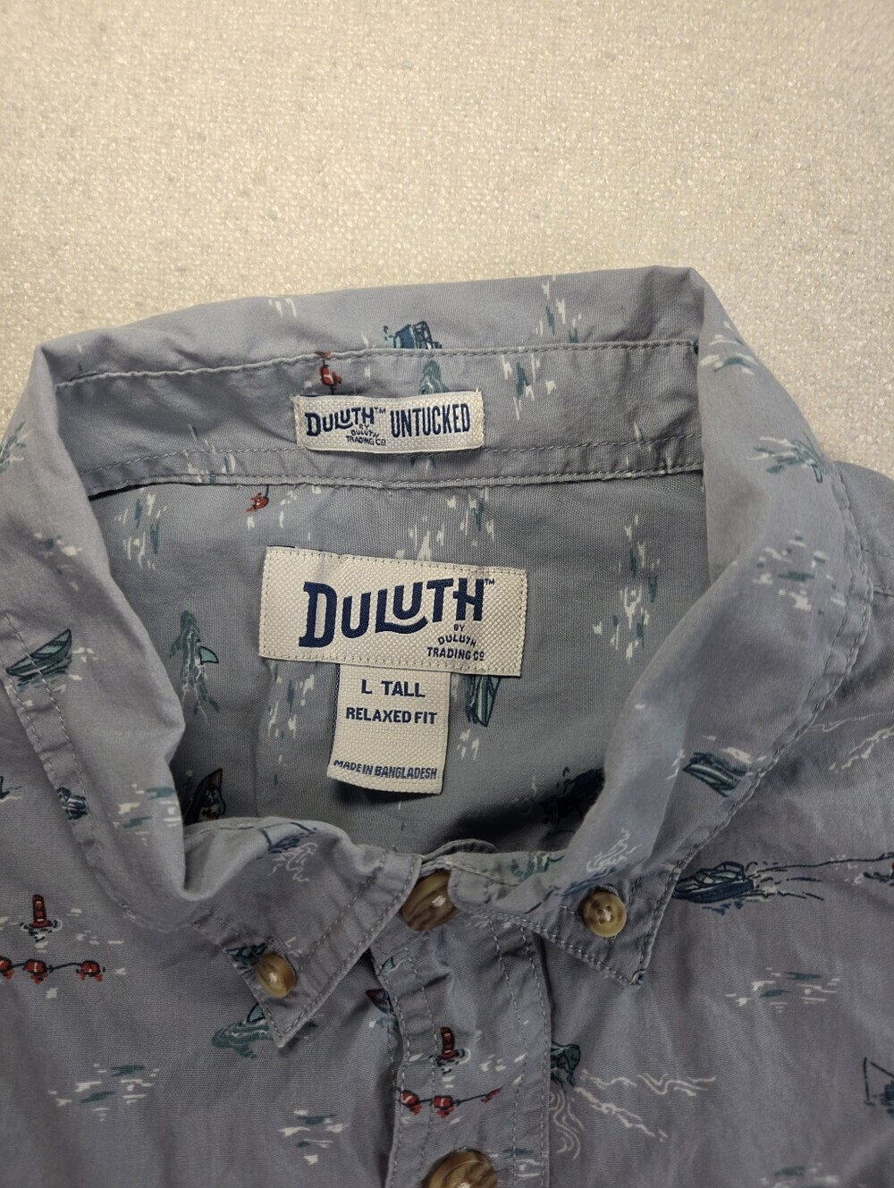 Duluth Trading Untucked Fishing Boat Print Shirt LT - Picture 3 of 7